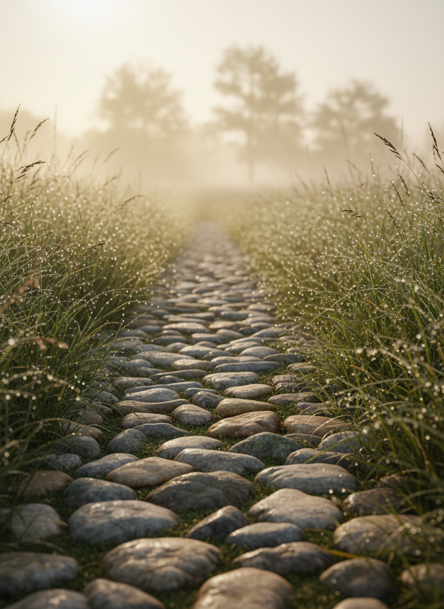 A weathered stone path made of irregular, smooth river stones leads toward a softly glowing horizon, surrounded by tall grasses swaying gently in a light breeze. Dew clings to each blade, catching the pale gold of early morning light. In the distance, a stand of mist-veiled trees suggests a destination without defining it. The atmosphere is quiet, contemplative, and safe, evoking the first steps of a healing journey. Photographic realism, eye-level composition with the path centered and receding into the distance, moderate depth of field to keep the foreground stones crisp while the background melts into a gentle, calming blur.