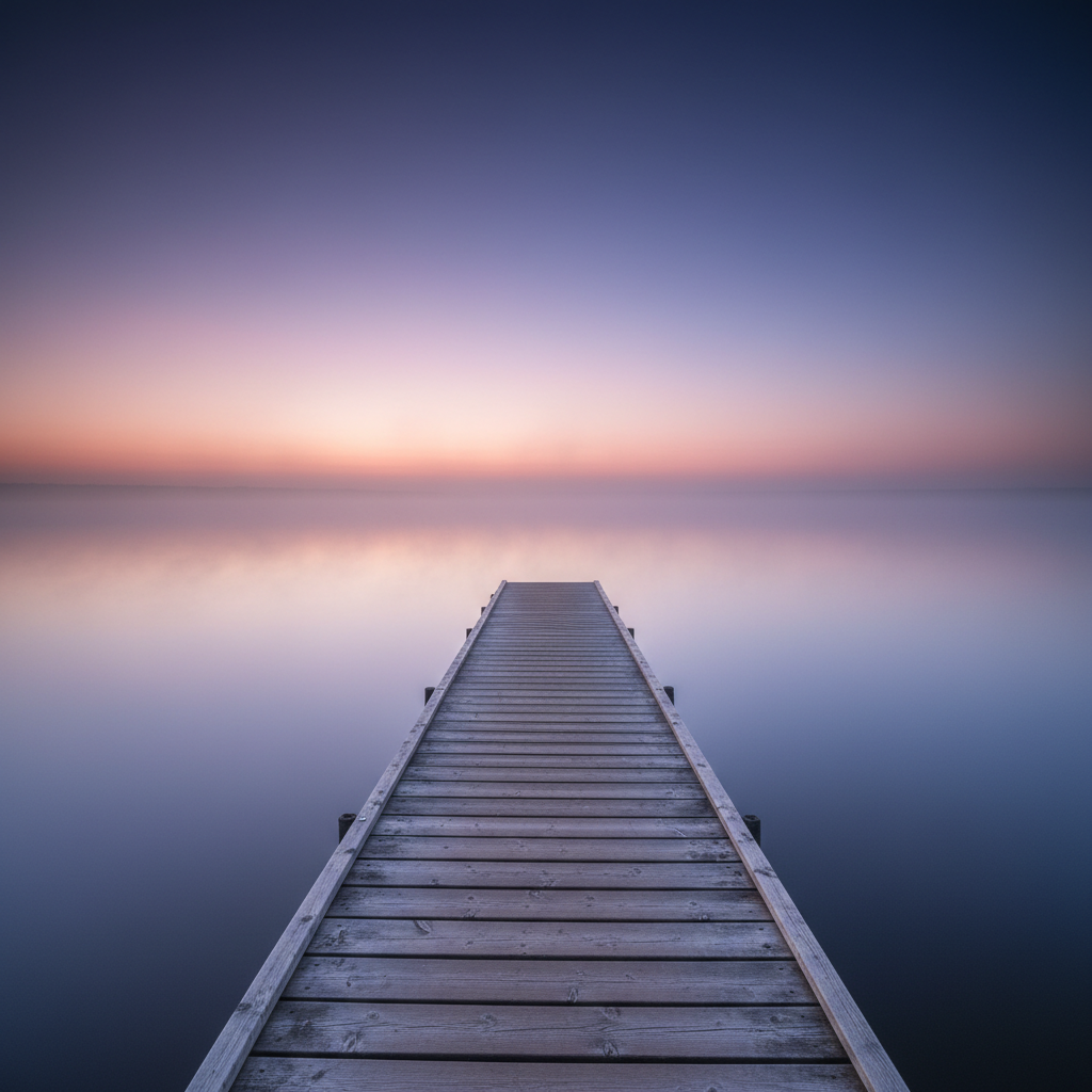 A still, glassy lake mirrors a clear pre-dawn sky transitioning from deep indigo to the first hints of rose and pale blue. A simple wooden jetty, its planks worn smooth with age, extends from the lower edge of the frame toward the center, inviting the viewer’s gaze outward. Fine mist hovers above the water, softening the line between sky and reflection. The lighting is gentle and low, with subtle highlights along the jetty edges. Photographic realism, long exposure feel, shot from a slightly elevated, centered perspective, creating a spacious, contemplative mood that suggests safety, quiet wisdom, and the possibility of new beginnings.