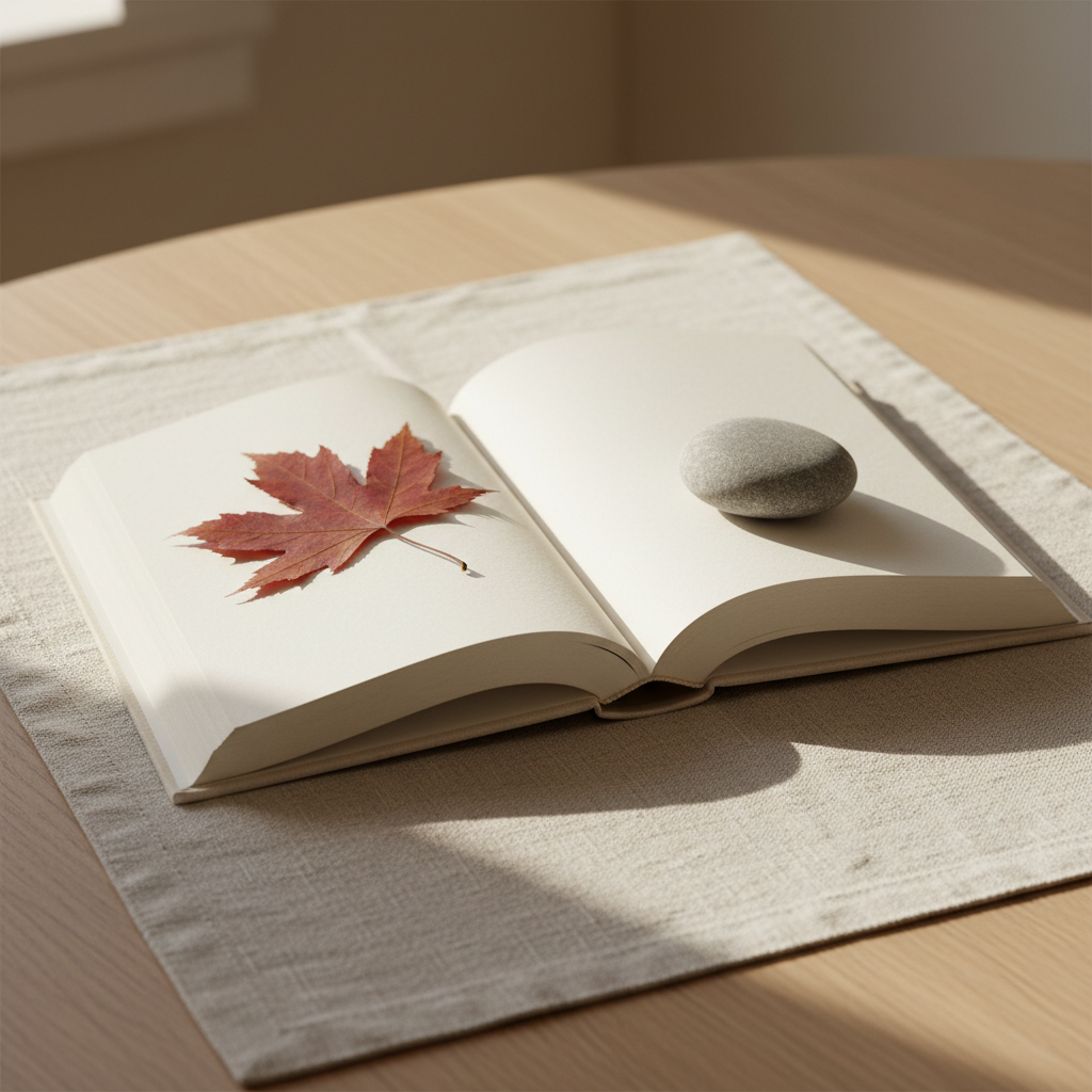 An open hardcover book with blank, creamy pages lies on a simple linen cloth atop a light oak table, its spine gently arched as if recently closed. A smooth river stone rests on one page, and a single pressed leaf lies on the other, their textures clearly defined. Soft, diffused afternoon light filters in from an unseen window to the left, casting delicate shadows and creating a serene, reflective atmosphere. Photographic realism, captured from a slightly elevated angle with shallow depth of field, leaving the background as a soft, uncluttered blur to suggest quiet space for inner reflection and personal meaning-making.